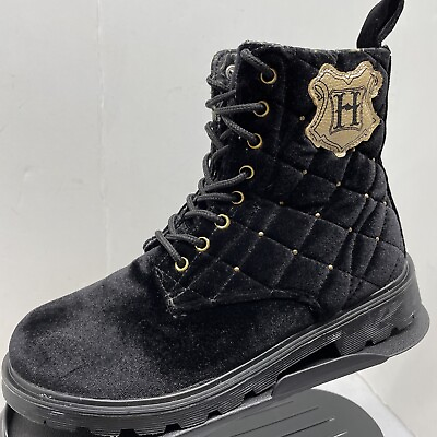 #ad W8 M6.5 Harry Potter Quilted Patch Velvet Combat Boots Bioworld Black Gold $23.98