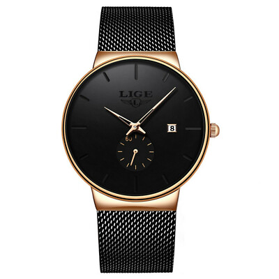#ad LIGE Men Watches Ultra Thin Quartz Wristwatch Steel Strap Male Black Gifts Watch $21.60