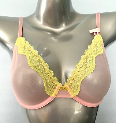 #ad Victorias Secret Nwt Pink Sheer Mesh amp; Yellow Lace Unlined Underwire Demi Bra $24.99