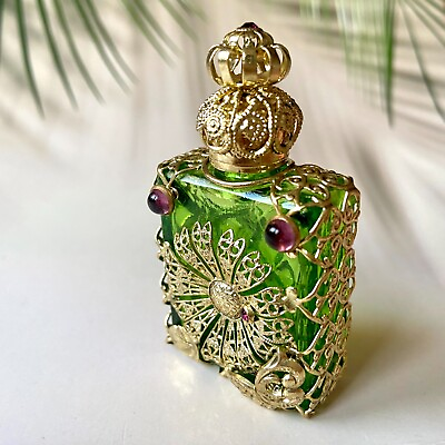 #ad Bottle for Parfume Czech Green Glass Filigree Gold Tone Perfume Art Deco $42.50