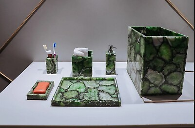 #ad Set of 6 Pieces Marble Bath Set Resin with Green Agate Stone Tissue Paper Box $880.00