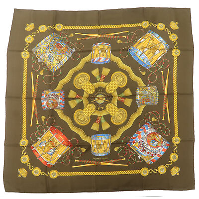 #ad Auth HERMES Carre 90 Silk 100％ Scarf Les Tambours Tambours Drums Brown Used F S $135.00