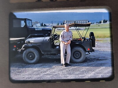 #ad Vtg 1950s 35mm Slide TUS Army Base TP 25 Jeep with Soldier Glass Mount $9.00
