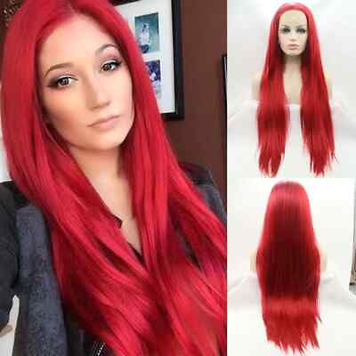 #ad Lace Front Wig Handtied Long Straight Red Heat Resistant Hair Natural Synthetic $24.69