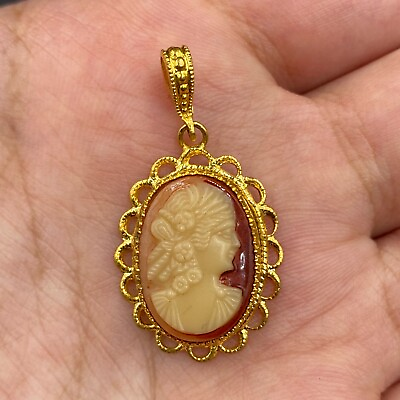 #ad Beautiful gold plated Victorian shell portrait of a lady cameo pendant $84.15