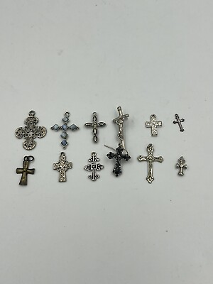 #ad Lot Of 12 Catholic Crosses Crucifix Necklace Pendant Mixed Metal Silver $14.95