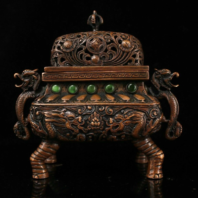 #ad Chinese Rare Old red copper handmade Inlaid gems double Dragon incense burner $220.00