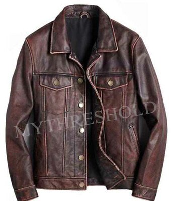#ad Mens Trucker Brown Real Genuine Leather Biker Cafe Racer Vintage Jacket AU $194.99
