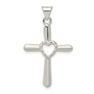 #ad Sterling Silver 925 Polished amp; Textured Cross with Heart Charm Pendant $15.67