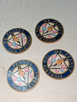 #ad Vintage Set of 4 Mr Peanut 75th Anniversary Round Coasters w cork Backing 4quot; $4.00