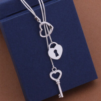 #ad Elegant 925 Sterling Silver Fashion Charms Love Heart Lock Key Pendant Necklace $19.74