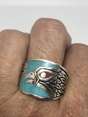 #ad Vintage Hawk Ring Silver White Bronze Size 9.25 Men#x27;s Turquoise Inlay $44.00