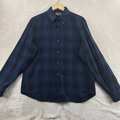 Vince Men Size L Blue Plaid Cotton Italian Fabric Long Sleeve Casual Shirt $29.99