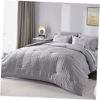 #ad Bed in a Bag Seersucker Textured Comforter Set with Sheets 7 Full Light Grey $83.92