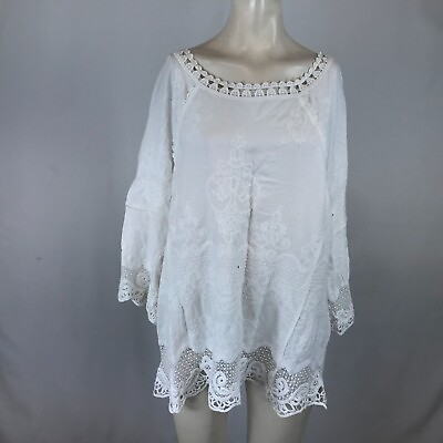 #ad SPIAGGIA DOLCE WOMEN#x27;S XLARGE WHITE LACE 3 4 BELL SLEEVE ROUND NECK BOHO TOP $20.00