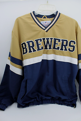 #ad Milwaukee Brewers Men#x27;s L Pullover Lined Jacket Wndbreak Gold Blue Genuine Merch $22.99
