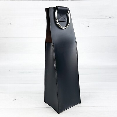 #ad Black Leather 15quot; Wine Bottle Gift Carry Bag w Chrome Metal Handles Modern NEW $39.99