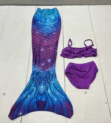 #ad Shepretty Purple 3 Piece Swimsuit Set With Mermaid Tale Girls Size 9 10 NEW $22.00