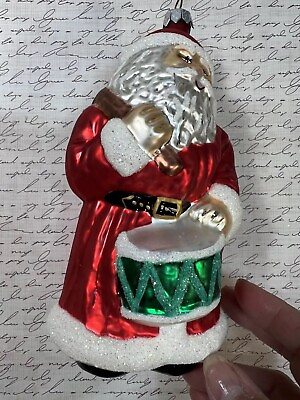 #ad European Style Hand Crafted Glass Ornament VTG Santa Green Drum 8” $13.49