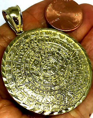 #ad GOLd Aztec Pendant calendario azteca 10k solid necklace mayan mexico oro 2.25quot; $739.98