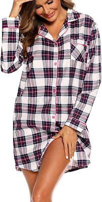 #ad ENJOYNIGHT Women#x27;s Sleep Shirt Flannel Print Pajama Top Button Front Nightshirt $52.02