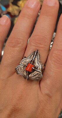 #ad Valentines Day Gift. Vintage Soviet Georgian Size 9 Silver Ring. Coral $39.00