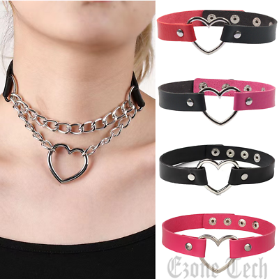 #ad Womens Love Heart Leather Choker Punk PU Necklace Goth Choker Soft Collar Chain $4.95
