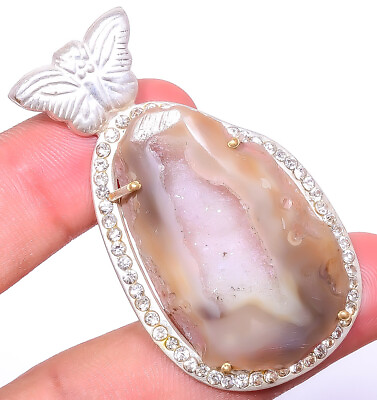 #ad Natural Geode Agate Drusy White Topaz 925 Silver Plated Pendant 2.11quot; TP15 2 $7.20