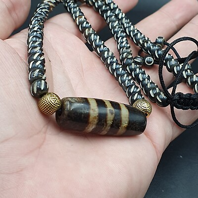 #ad AA Vintage Antique Agate 3 Lines bead Tibet Himalayan Dzi pendant Necklace $90.00