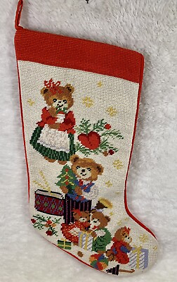 #ad Teddy Bear Christmas Family Wool Embroidered Stocking Imperial Elegance Vintage $9.46