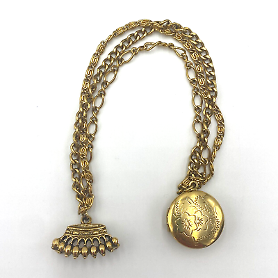 #ad Vintage Gold Toned Locket Crown Joined by Chain Brooch Set Retro Suit Accessory $26.39
