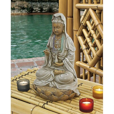 Quan Yin Buddha Sitting on a Lotus Statue Guanyin Kwan Asian Bodhisattva Deco $49.90