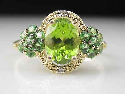 #ad Peridot Diamond Ring Tsavorite Garnet Green CID Halo 14K Yellow Gold Size 8 $395.00