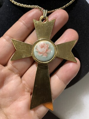 #ad Vintage Gold Tone Maltese Cross Necklace 24” $34.21