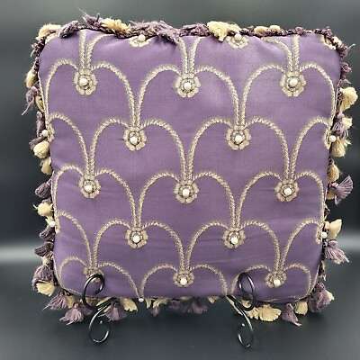 #ad Vintage Accent Pillow Purple Tasseled Square Rope Flower Faux Pearls $20.00