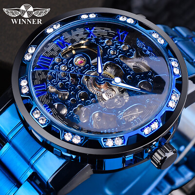 #ad WINNER Luxury Diamond Mens Watch Stainless Steel Skeleton Mechanical Wrist Watch $26.99
