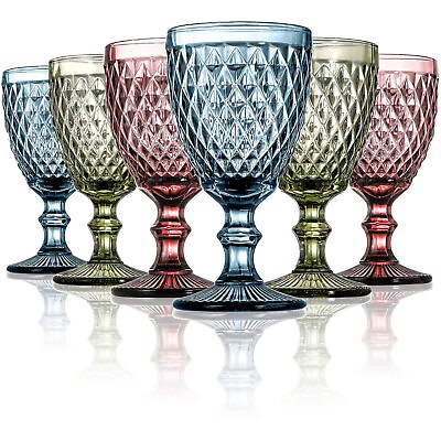 #ad Set of 6 Wine Glasses 10 oz Colored Glass Goblet with Diamond Pattern Embos... $40.39