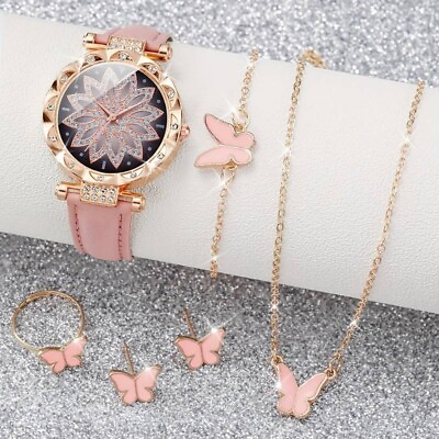 #ad Watch Gift Set For Women Ladies Girls Mum Jewellery Flower Butterfly Pink 6PCS GBP 6.99