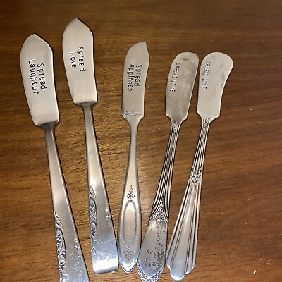 #ad Vintage Sterling Plated Handle Butter Spreader Knives 5 W Stamped Sayings $49.00