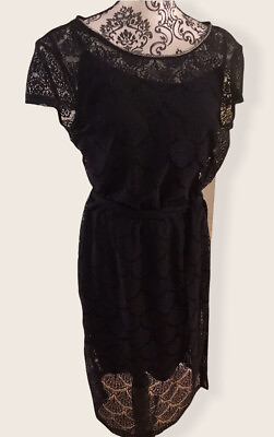 #ad NWT Jessica Simpson Dress Size 10 Black Lace Overlay Sheath Cocktail With Tie $32.00