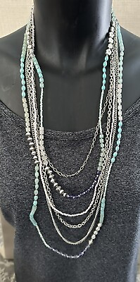 #ad 25” Boho Layered Beaded Necklace Turquoise Purple Silver Tone Chain Necklace $12.25