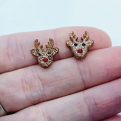 #ad Handmade Glitter Reindeer Christmas Stainless Steel Hypoallergenic Earrings GBP 8.49