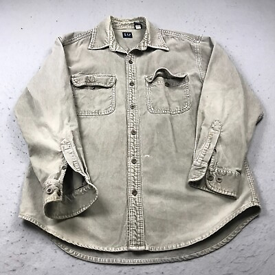 #ad VINTAGE GAP Shirt Mens Medium Gray Beige Corduroy Cotton Heavy Button 90s $23.99