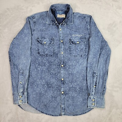 #ad Ed Hardy Shirt Mens Medium Blue Denim Chambray Paisley Button Dress Casual Adult $23.38