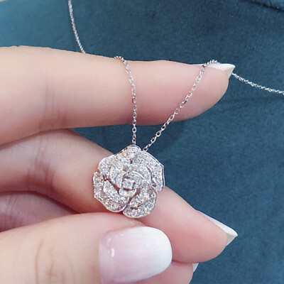 #ad Women Pretty 925 Silver Rose Necklace Pendant Gift Cubic Zirconia Jewelry C $3.15
