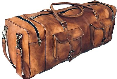 #ad 32quot; Leather Duffel Double Pocket Travel Tote Carryon Gym Sports Overnight Bag2 $106.31