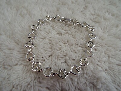 #ad Silvertone Rhinestone Heart Link Bracelet J10 $8.98