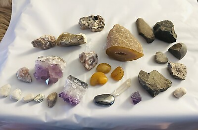 #ad 26 Natural Gemstones amp; Crystal Raw Lot Of 26 Specimens Geoids Rock Collection $71.25