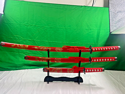#ad 3pc Red Japanese Samurai Katana Sword Set w Stand Blade Weapon Collection Decor $58.95
