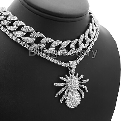 #ad Hip Hop Spider Pendant amp; 18quot; Full Iced Cuban amp; 1 Row Diamond Choker Necklace set $19.99